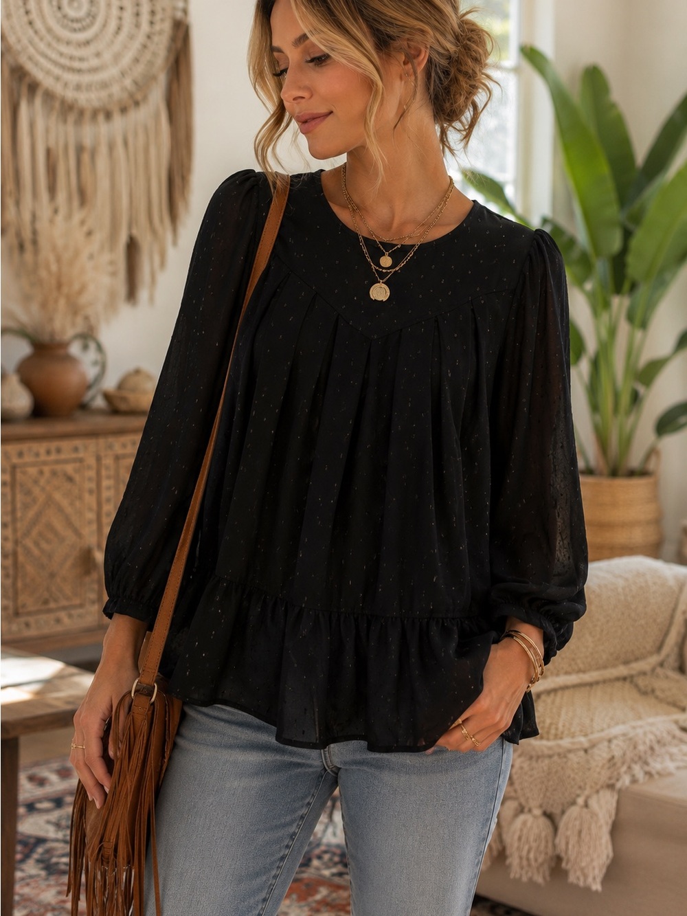Ces Femme Black Swiss Dot Sheer Babydoll Peplum Blouse L Cottagecore Boho